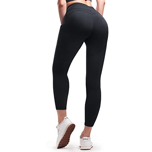 Niksa Damen Sport Leggings mit Taschen,Blickdicht Sporthose Leggings mit Pfirsich Design für Yoga,Täglich,Laufe, schwarz, M