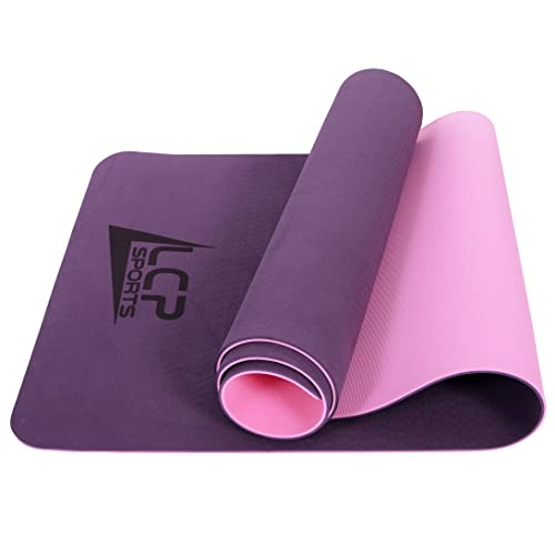 LCP Sports TPE Yogamatte, Fitnessmatte, Trainingsmatte 180x60 cm mit Tragegurt, 6mm dünn, extra rutschfest, Phthalatfrei, ohne Schadstoffe, Pink - Lila