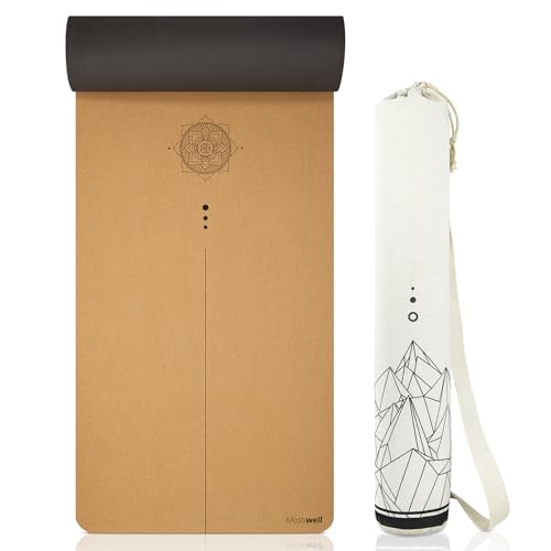 Mosswell Premium Kork-Yogamatte (4mm dick) - Rutschfeste Fitnessmatte mit Hilfslinien - Pilatesmatte + Yogatasche