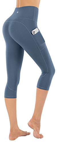 espidoo Hohe Taille Damen Yoga Leggings: Weiche Capri Leggings mit 3 Taschen - 4 Wege Stretch Yoga Hose für Workout, Capris Benzo Blue, X-Klein