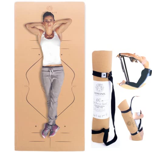 YOMANIS XXLux 183x80cm x 8mm KORK Yoga Matte, Extra 80 cm breit+8mm stark*. Antirutsch Good Grip CORK Workout Premium-Matte + 2in1 Cotton-Yogagurt/Tragegurt | für Yoga, Gymnastik und Pilates