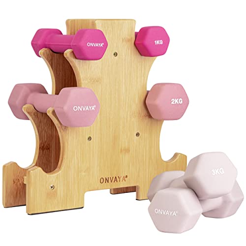 ONVAYA® Kurzhantel Set (1/2/3 kg) | Rosa-Pink | Gummierte Hexagon Hanteln mit Bambus Hantelständer | rutschfeste Kurzhanteln für Gymnastik und Fitnessübungen
