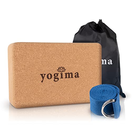 YOGIMA Yoga Block Kork inkl. Yoga Gurt 183cm für Dehnübungen – Rutschfester Yogaklotz Kork – Natürlicher Korkblock für Yoga, Pilates & Fitness - Yoga Zubehör Damen & Herren