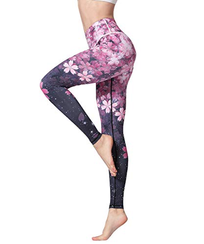 HAPYWER Yoga Leggings Damen High Waist Yogahose Bunt Gym Sport Leggings Tummy Control Running Workout - Stretch Kompressionshose mit Aufdruck für Frauen(Kirschblüte,M)