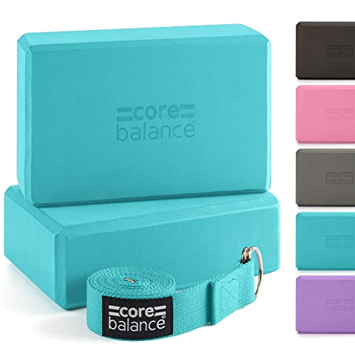 Core Balance Yoga Blocks im Doppelpack & GRATIS Yoga-Gurt, 2 STK. Eva Schaumstoff-Blöcke, robust & leicht, Riemen aus Baumwolle mit innovativem D-Ring Verschluss, ideal für Pilates, 5 versch. Farben