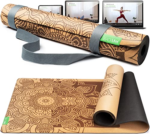 BACKLAxx ® Kork Yoga Matte mit Naturkautschuk – Nachhaltige Yogamatte rutschfest schadstofffrei mit Anti-Rutsch-Zonen – inkl. Mattengurt und Anwendungsvideos – Yogamatte Kork Korkmatten Yoga